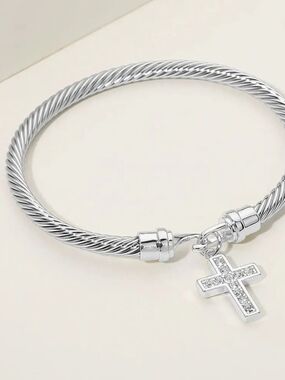 Pave Cross Charm Silver-Tone Rope Bracelet